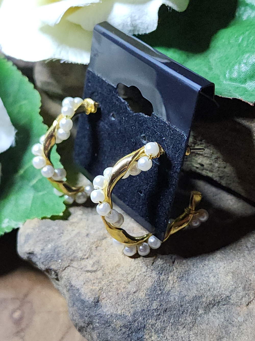 Gold Toned Hoop Earrings with Faux White Pearls - Women Jewelry - Picture 4 of 6